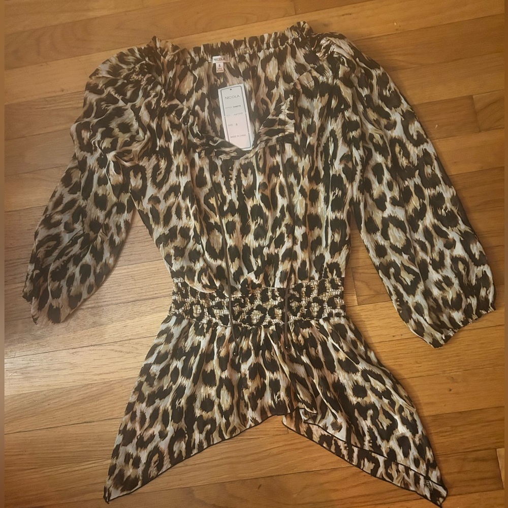 NICOLA Animal-Print Long-Sleeved Silky Blouse, Black & Tan, Small, NWT, (PMB3)